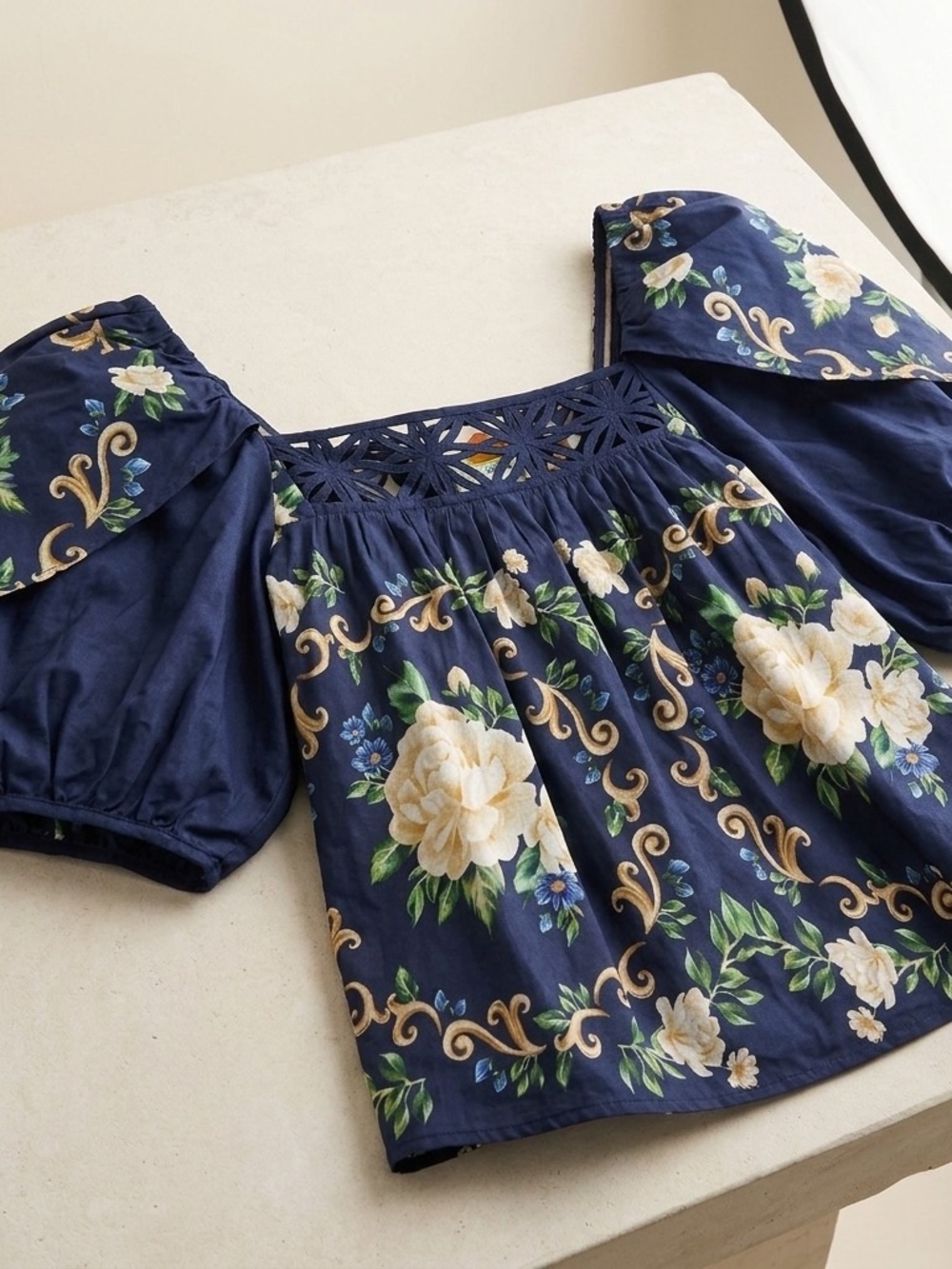 FARM Rio Navy Floral Square-Neck Puff Sleeve Blouse - Picture 2 of 8